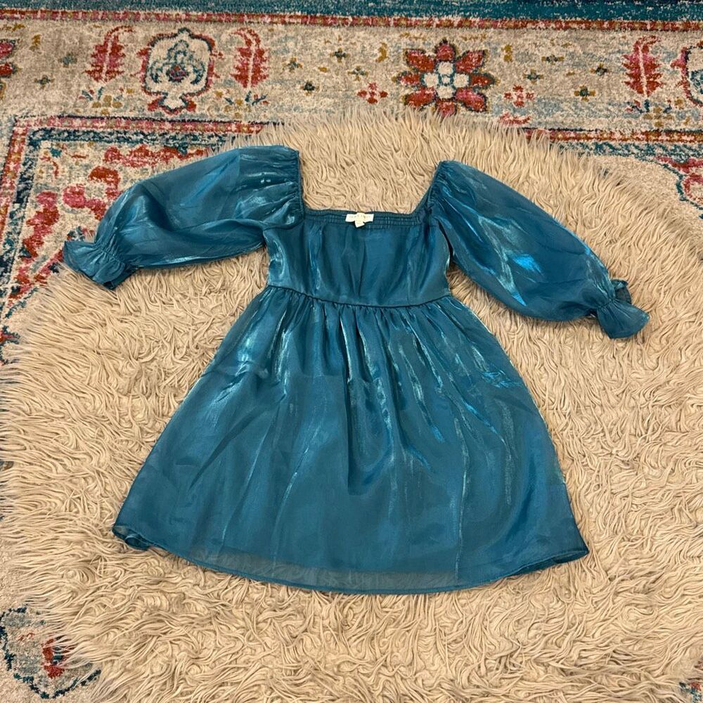 Thirty Thirty LA Teal Metallic Puff Sleeve Mini Dress Size Medium